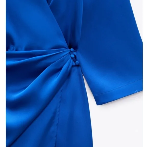 Zara Wrap Front Satin Effect Blue Dress NWT - Picture 4 of 9